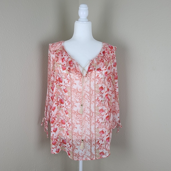 Perceptions Tops - Perception Concept boho shirt size L floral ruffle tassels three-quarter sleeve